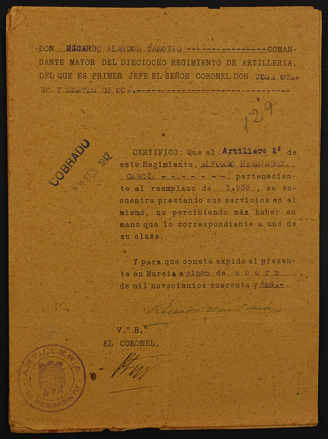 Expediente nº 129/1940 de beneficiario del subsidio al combatiente de Alfonso Hernández García